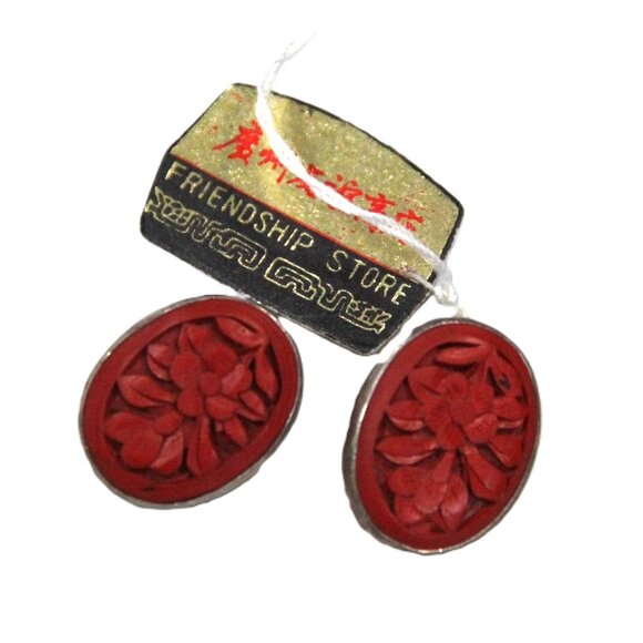 NOS CHINESE EXPORT CINNABAR & SILVER CLIP EARRINGS WITH TAG - Picture 1 of 2